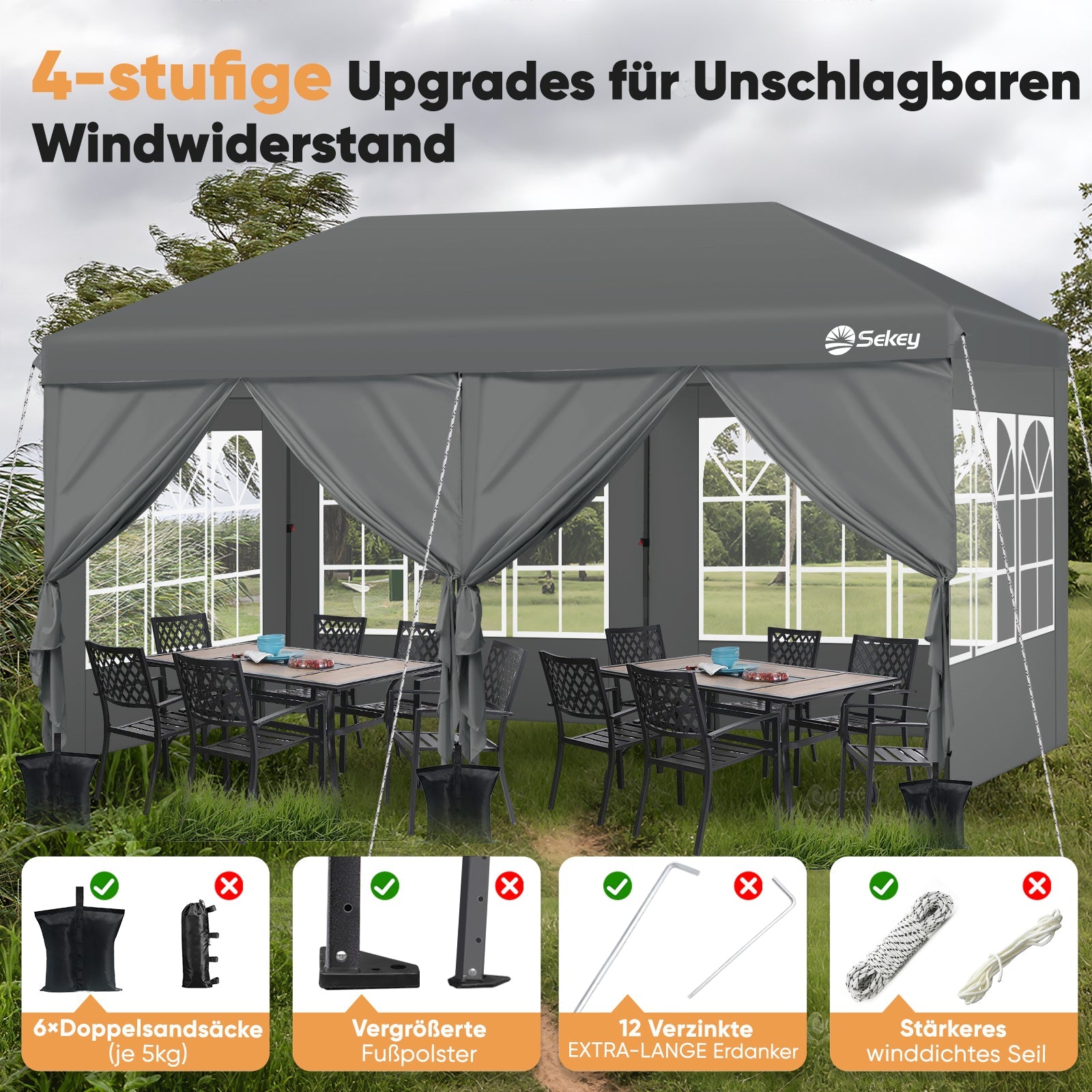 Sekey Faltpavillon 3x6m mit 6 Seitenteilen, One-Touch-System, UV50+ & wasserdicht, Höhenverstellbar (250–270cm), inkl. Sandsäcke & Tragetasche Sekey