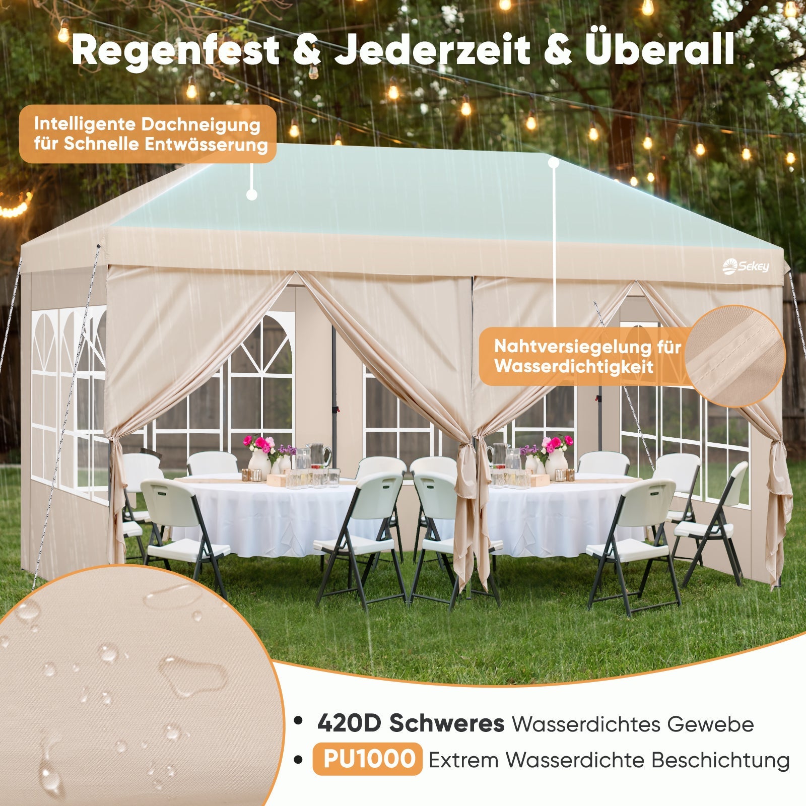 Sekey Faltpavillon 3x6m mit 6 Seitenteilen, One-Touch-System, UV50+ & wasserdicht, Höhenverstellbar (250–270cm), inkl. Sandsäcke & Tragetasche Sekey