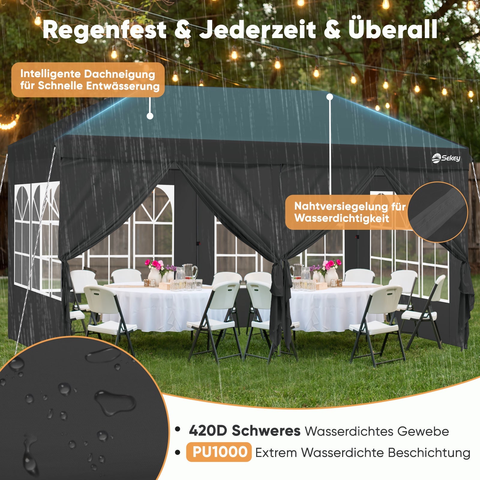 Sekey Faltpavillon 3x6m mit 6 Seitenteilen, One-Touch-System, UV50+ & wasserdicht, Höhenverstellbar (250–270cm), inkl. Sandsäcke & Tragetasche Sekey