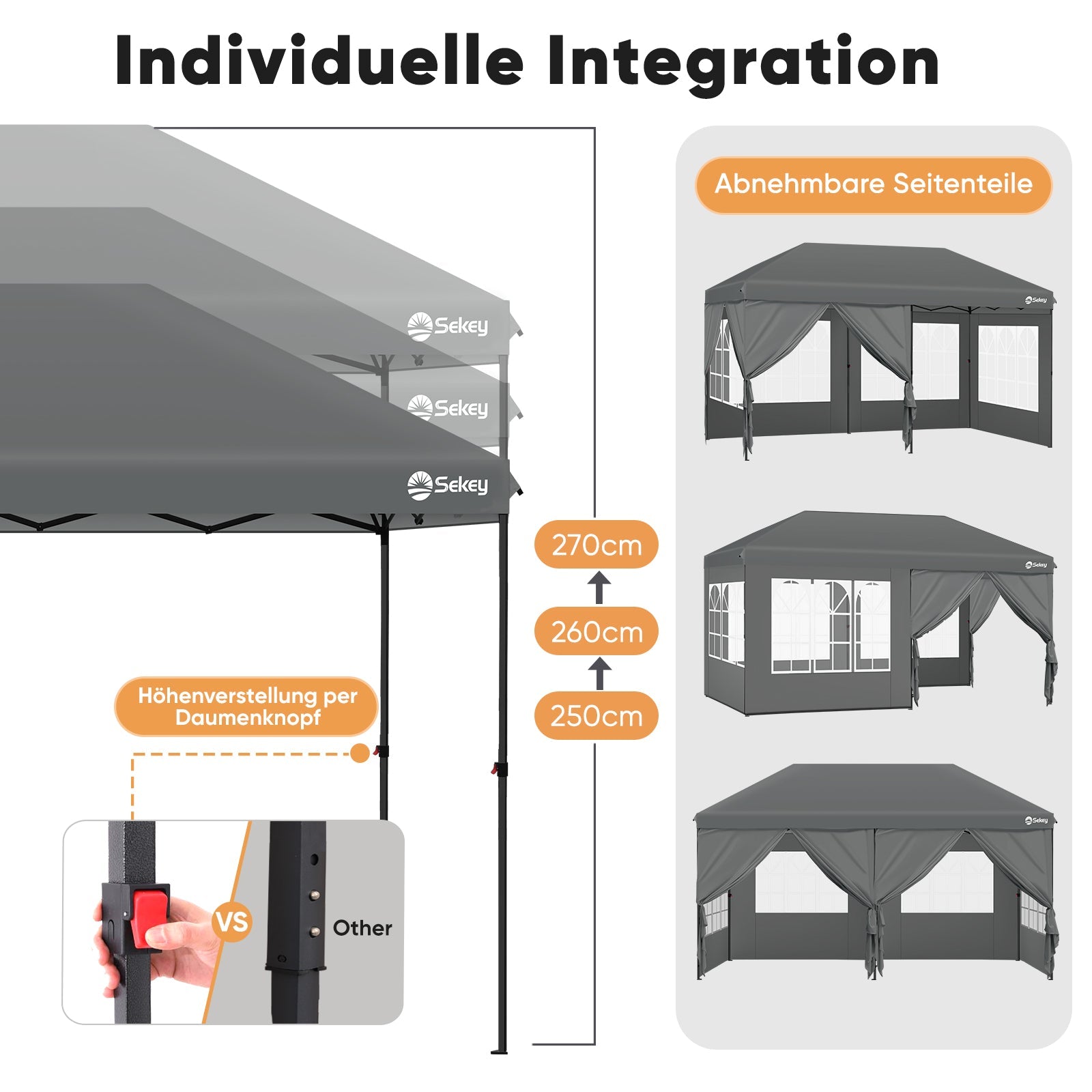 Sekey Faltpavillon 3x6m mit 6 Seitenteilen, One-Touch-System, UV50+ & wasserdicht, Höhenverstellbar (250–270cm), inkl. Sandsäcke & Tragetasche Sekey