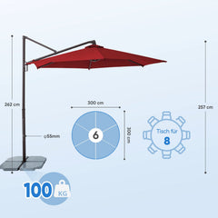 Sekey Ampelschirm 300 cm Aluminium Sonnenschirm mit 360° Drehung, Neigefunktion, UV50+ Schutz Sekey