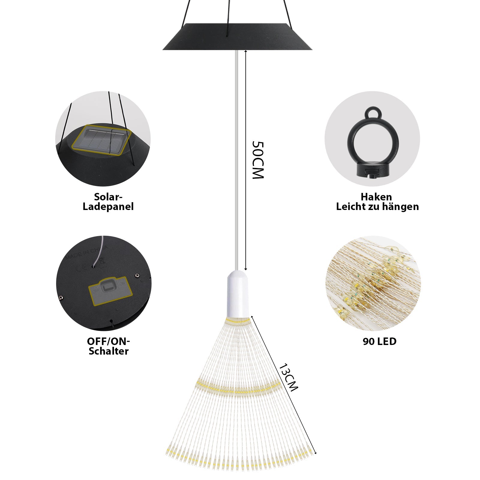 Salcar Solar LED Feuerwerkslichter warmweiß – 90 LEDs, IP44 wasserdicht, mit Haken, Automatik & Blinkmodus, 50 cm Deko für Garten, Balkon & Weihnachten SEKEYMALL