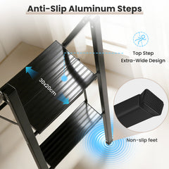 Sekey Klapptrittleiter 2 & 3 Stufen – Rutschfeste Trittleiter mit Stahlrahmen & Aluminiumstufen, TÜV & SGS geprüft, bis 150 kg, Schwarz