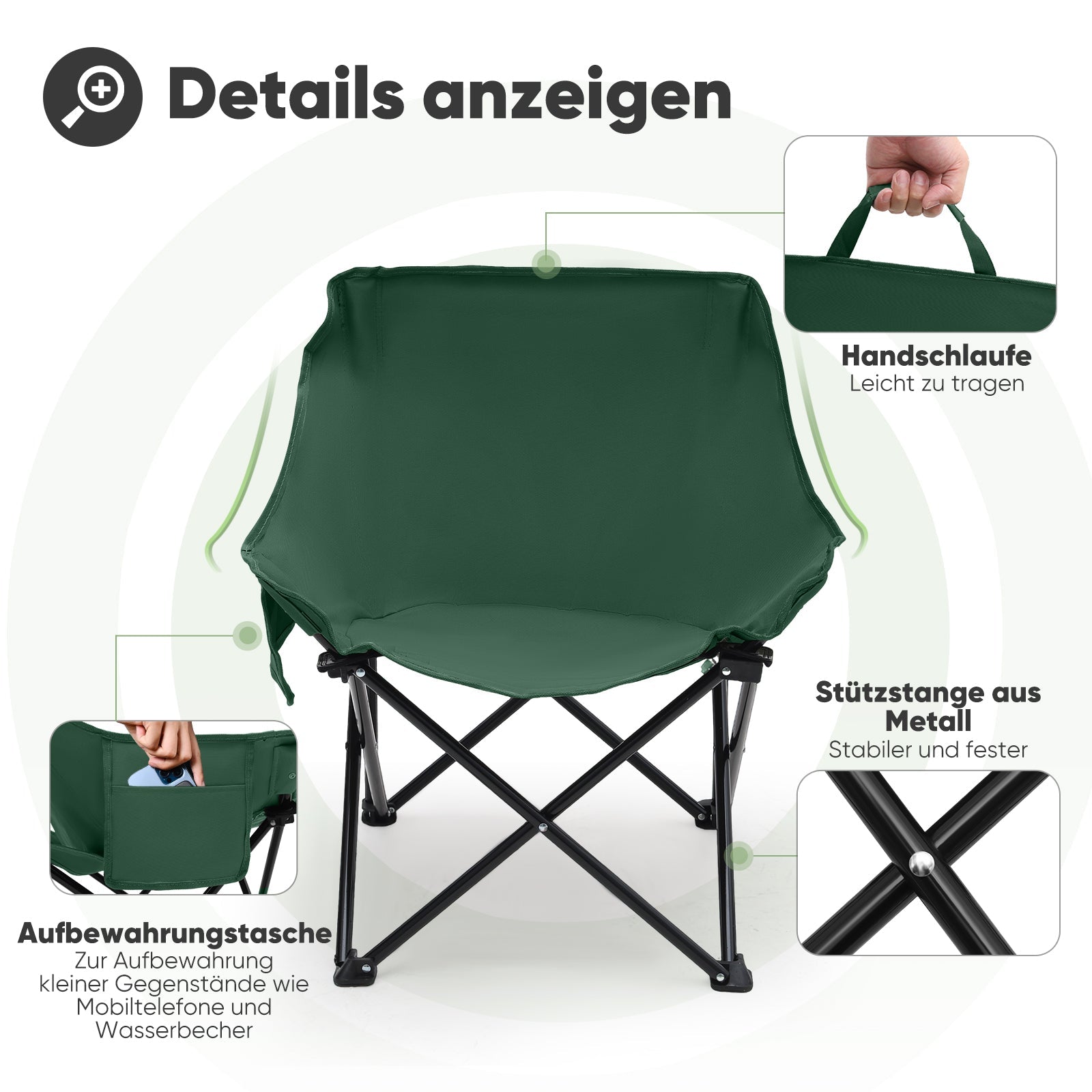 Sunula Campingstuhl Faltbar Ultraleicht, 1/2 Stück, Tragbar mit Tragetasche und Seitentaschen, 100 kg Belastbar, Rutschfeste Füße, Mondstuhl Design, Für Camping, Angeln, Picknick, Garten, Strand, 600D Oxford-Stoff Sekey