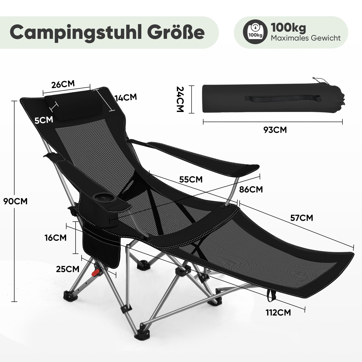 Sunula Klappbarer Campingstuhl, Liegestuhl 2-in-1, Belastbar bis 100 kg, Abnehmbare Fußablage, Getränkehalter, Tragetasche, Leicht, Verstellbare Rückenlehne, Für Angeln, Strand, Camping, Garten, Outdoor Sekey