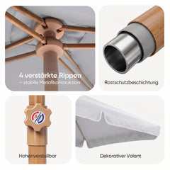 Sekey Sonnenschirm Balkon 200x125 cm rechteckig in Holzoptik – höhenverstellbar, neigbar mit Aluminium-Drehgelenk, UV50+ Polyester, Push-Up-System für Balkon, Terrasse & Garten