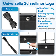 Sekey PES Balkon Sichtschutz blickdicht – Balkonabdeckung mit Wind- & UV-Schutz, schwarz, 160 g/m² PES, mit Ösen, Kordel & Kabelbindern