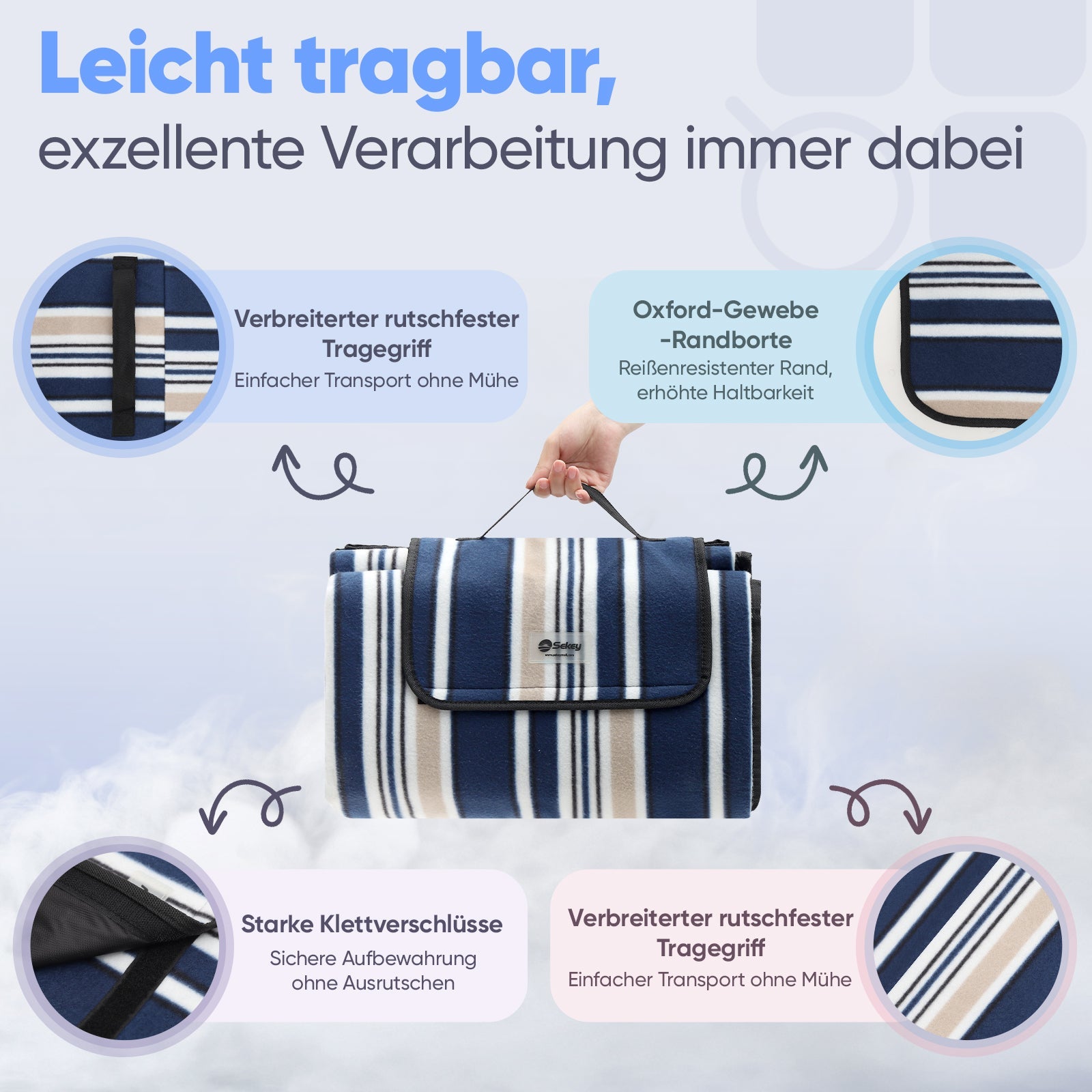 Sekey Wasserdichte Picknickdecke – Sandfeste, faltbare Strandmatte mit gepolstertem PEVA-Untergrund, tragbar für Outdoor, Camping, Strand & Wiese, Blau-Weiß-Beige Streifen Sekey
