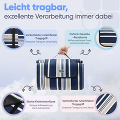 Sekey Wasserdichte Picknickdecke – Sandfeste, faltbare Strandmatte mit gepolstertem PEVA-Untergrund, tragbar für Outdoor, Camping, Strand & Wiese, Blau-Weiß-Beige Streifen Sekey