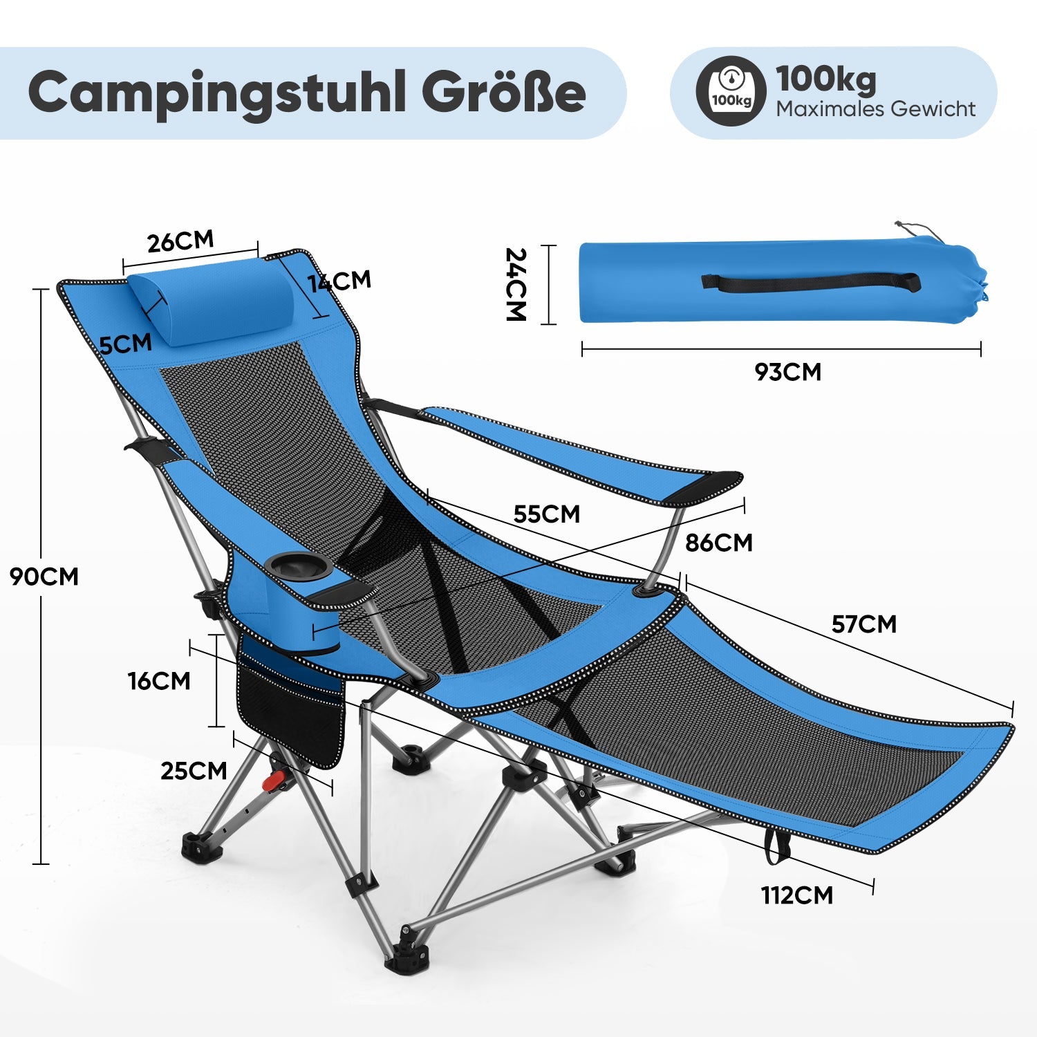 Sunula Klappbarer Campingstuhl, Liegestuhl 2-in-1, Belastbar bis 100 kg, Abnehmbare Fußablage, Getränkehalter, Tragetasche, Leicht, Verstellbare Rückenlehne, Für Angeln, Strand, Camping, Garten, Outdoor Sekey