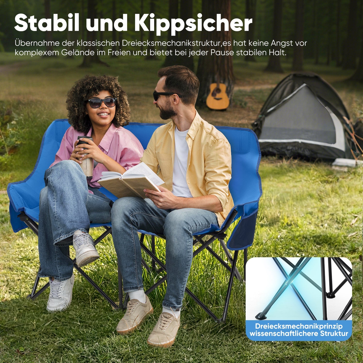 Sunula Faltbarer Campingsofa für 2 Personen, Tragbarer Campingstuhl bis 150 kg, Mit Armlehne und Tragetasche, Outdoor-Faltstuhl, Ideal für Picknick, Camping, Garten, Balkon, Angeln Sekey