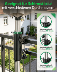 Sekey Sonnenschirmhalter für Balkon – Klemmhalterung für Geländer, platzsparender Schirmständer ohne Bohren, für runde & eckige Geländer (Ø 20–50 mm) & Schirmstöcke 19–38 mm, Schwarz-Metall