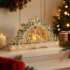Salcar LED Schwibbogen aus Holz, 3D Weihnachtsdeko mit verschneiter Altstadt und Fachwerkhäusern, 13 warmweiße LEDs, batteriebetriebener Lichterbogen für Tisch, Fensterbank & Sideboard