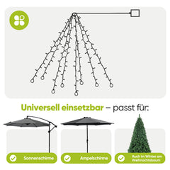 Sekey Sonnenschirm Beleuchtung Solar LED Lichterkette – 136 LEDs & 8 Glühbirnen, Fernbedienung, 8 Leuchtmodi, dimmbar, mit Timer, Garten & Terrasse Deko für Ampelschirm & Sonnenschirm