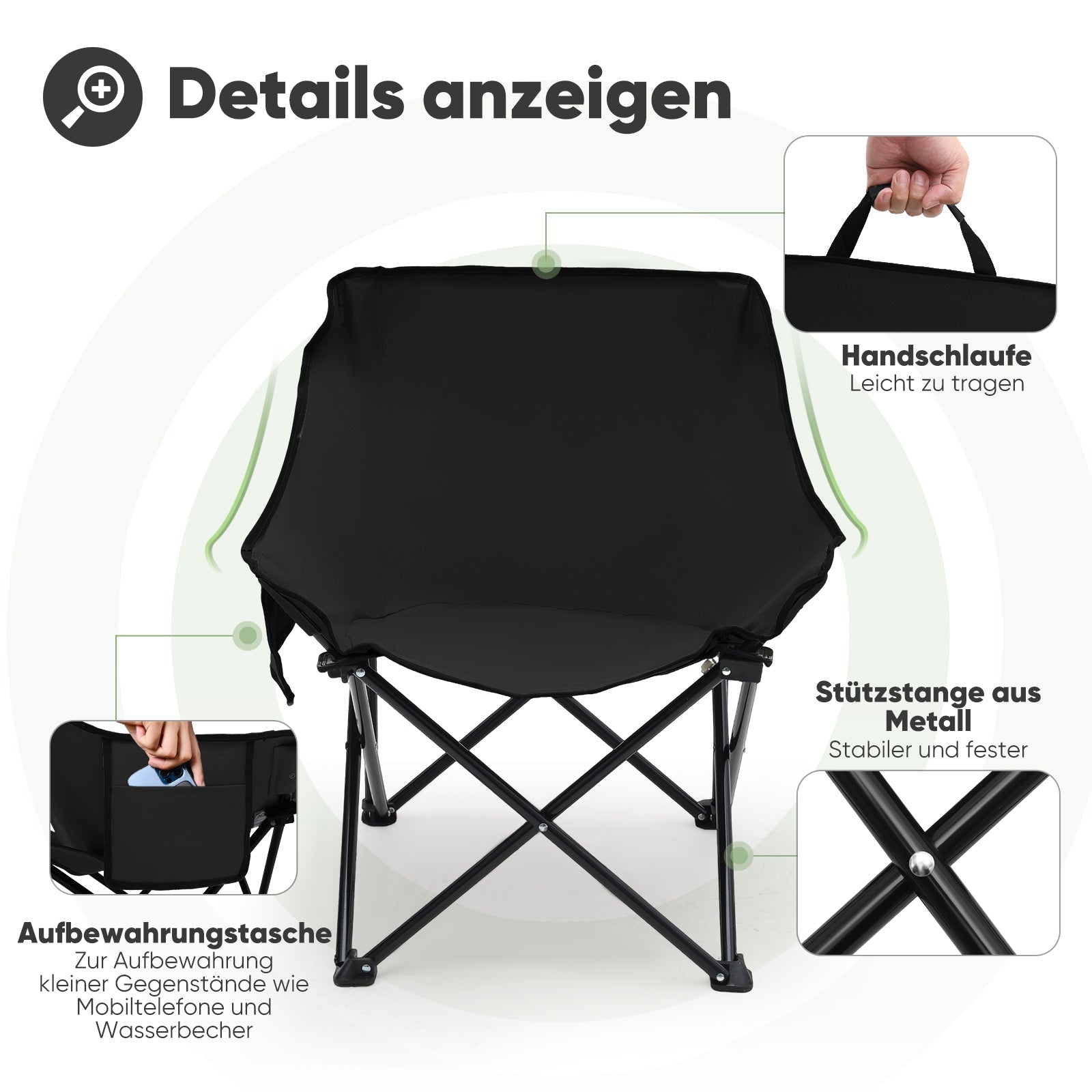Sunula Campingstuhl Faltbar Ultraleicht, 1/2 Stück, Tragbar mit Tragetasche und Seitentaschen, 100 kg Belastbar, Rutschfeste Füße, Mondstuhl Design, Für Camping, Angeln, Picknick, Garten, Strand, 600D Oxford-Stoff Sekey