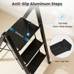Sekey Klapptrittleiter 2 & 3 Stufen – Rutschfeste Trittleiter mit Stahlrahmen & Aluminiumstufen, TÜV & SGS geprüft, bis 150 kg, Schwarz