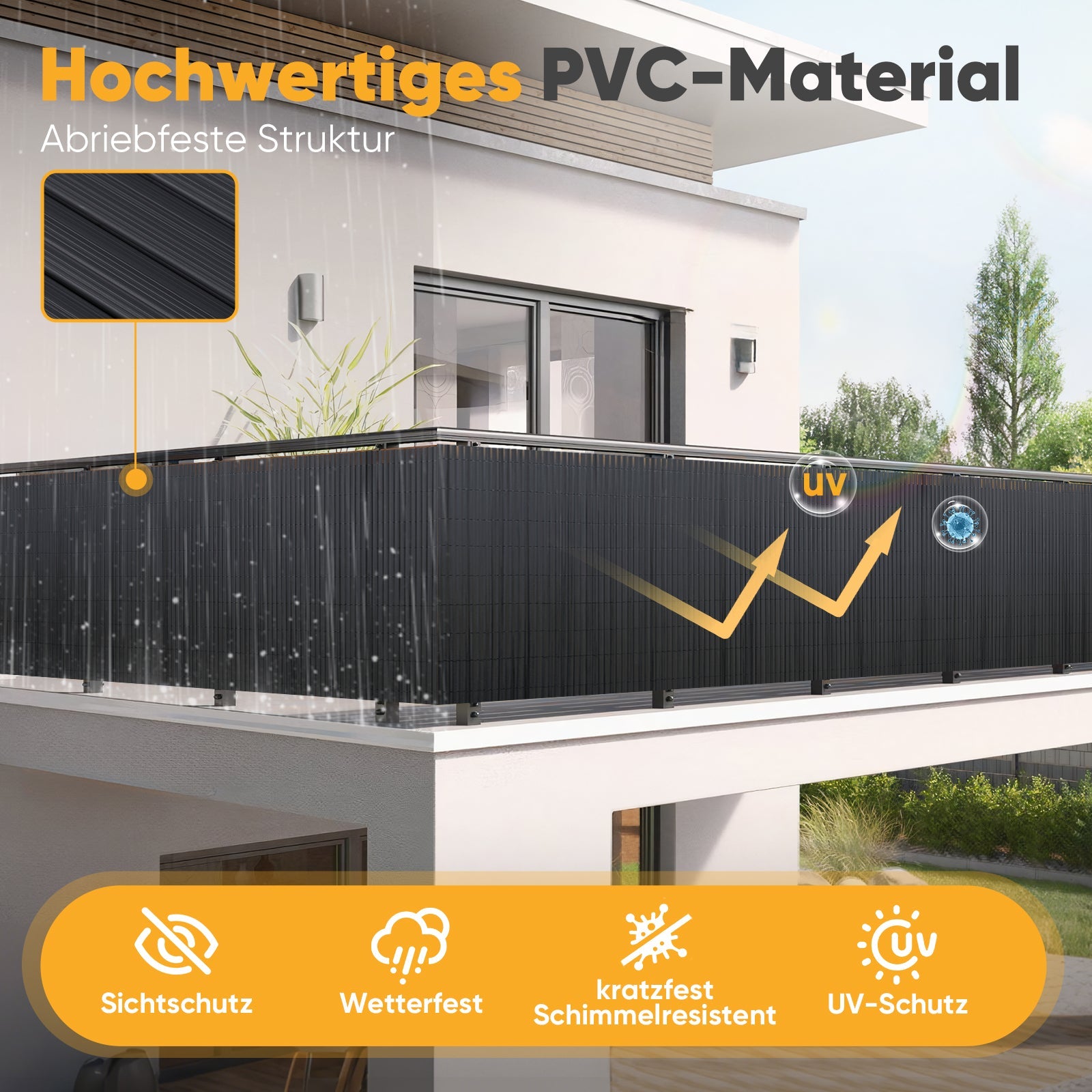 Sunula PVC Sichtschutzmatte, Balkon Sichtschutz, Doppelte Verstärkung, Ohne Bohren, Mit Kabelbindern, Wasserdicht, Windschutz, Balkonabdeckung für Garten Terrasse, Anthrazit SEKEYMALL