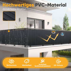 Sunula PVC Sichtschutzmatte, Balkon Sichtschutz, Doppelte Verstärkung, Ohne Bohren, Mit Kabelbindern, Wasserdicht, Windschutz, Balkonabdeckung für Garten Terrasse, Anthrazit SEKEYMALL