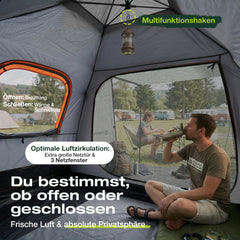 Sekey 2-Personen Campingzelt mit Hydraulik Pop-up System – Wurfzelt 2-in-1, wasserdicht PU3000+, UV50+ Schutz, Kuppelzelt mit Vorzelt & Markise für Outdoor & Familie, Grau