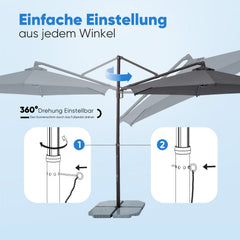 Sekey Ampelschirm 300 cm Aluminium Sonnenschirm mit 360° Drehung, Neigefunktion, UV50+ Schutz Sekey