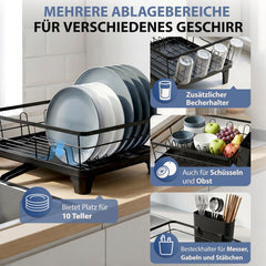 Sekey Abtropfgestell Geschirr – Platzsparender Spülbecken-Abtropfständer mit Besteckablage, Schwarzes Edelstahl-Geschirrabtropfgestell für Küche
