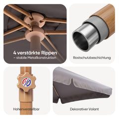 Sekey Sonnenschirm Balkon 200x125 cm rechteckig in Holzoptik – höhenverstellbar, neigbar mit Aluminium-Drehgelenk, UV50+ Polyester, Push-Up-System für Balkon, Terrasse & Garten