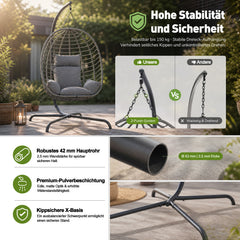 Sekey Hängesessel mit Gestell – Klappbarer Hängekorb aus PE-Rattan, Hängestuhl mit Sitz- & Kopfkissen, bis 150 kg belastbar, für Garten, Balkon, Terrasse & Wohnzimmer