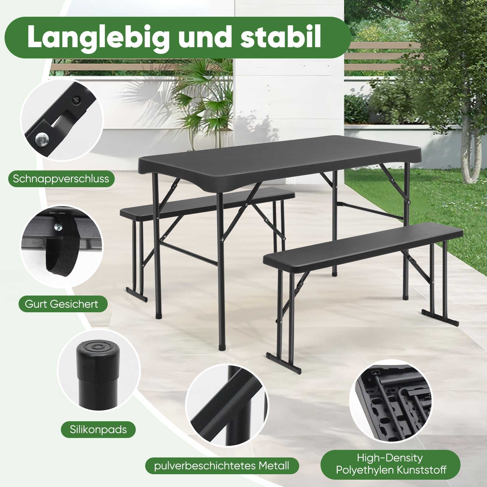 Sekey Bierzeltgarnitur 113 cm – 3-teiliges klappbares Set mit Tisch & 2 Bänken | Esstischgarnitur für Garten, Balkon, Camping oder Party Sekey