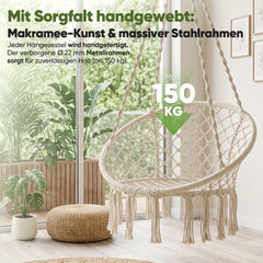 Sekey Hängesessel 360° drehbar aus Recycling-Baumwolle – Boho Hängestuhl mit Sitzkissen, Metallkette & Karabinern, Hängesitz für Wohnzimmer, Balkon, Terrasse & Schlafzimmer