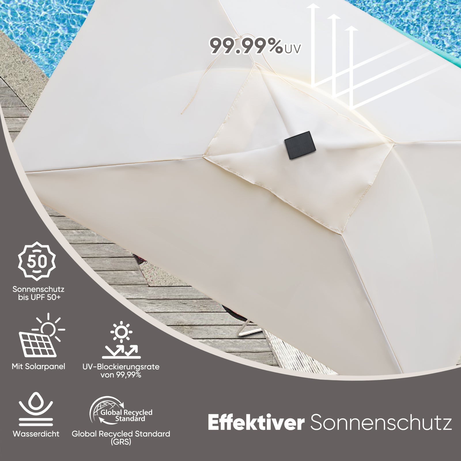Sekey Sonnenschirm 300 x 200 cm Rechteckig Gartenschirm mit LED-Solar-Beleuchtung Sekey