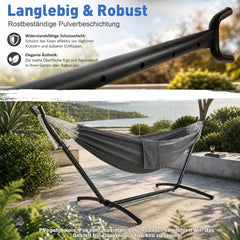 Sekey Hängematte mit Gestell – Höhenverstellbare Doppelhängematte bis 200 kg, freistehend mit Stahlrahmen & 2 Tragetaschen für Garten, Balkon, Terrasse, Camping & Indoor