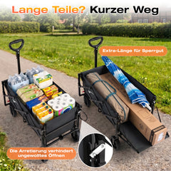 Sunula Bollerwagen faltbar mit klappbarer Heckklappe – 80 L + 35 L Handwagen mit erweiterbarer Ladefläche, 100 kg belastbar, leichter Faltbollerwagen mit Bremsen & 360°-Rädern