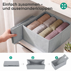 Sekey Aufbewahrungsboxen Set 6er Set aus Vliesstoff – Faltbare Stoffboxen Organizer für Schubladen & Regale, Hellgrau, Größenmix S für Kleidung, Unterwäsche & Accessoires