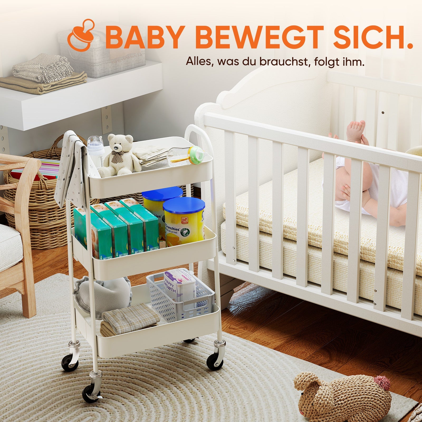 Sekey Rollwagen mit 3 Ebenen – Küchenwagen aus Stahl mit rostfester Lackierung, 360°-Gummirädern & Bremse, werkzeugloser Aufbau, vielseitiger Servierwagen für Küche, Bad, Büro & mehr – Weiß Sekey