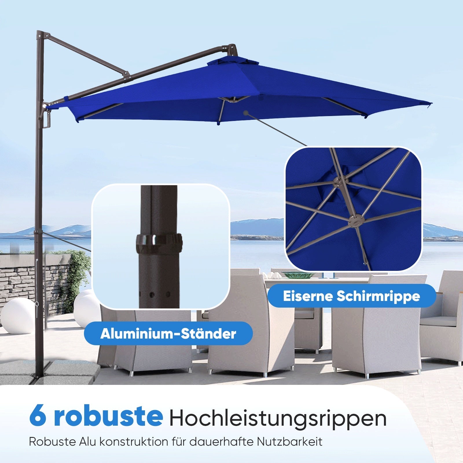 Sekey Ampelschirm 300 cm Aluminium Sonnenschirm mit 360° Drehung, Neigefunktion, UV50+ Schutz Sekey