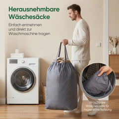 Sekey Wäschekorb mit Deckel 160L, Doppelter Wäschesammler mit 2 herausnehmbaren Wäschesäcken, Wäschekorb 2 Fächer für helle & dunkle Wäsche, Große Wäschebox für Bad, Schlafzimmer & Waschküche