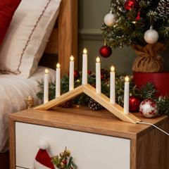 Salcar LED Holz-Schwibbogen 52 cm mit 7 warmweißen LED-Kerzen – Weihnachts Lichterbogen aus Holz, Fensterdeko & Tischbeleuchtung mit Netzstecker