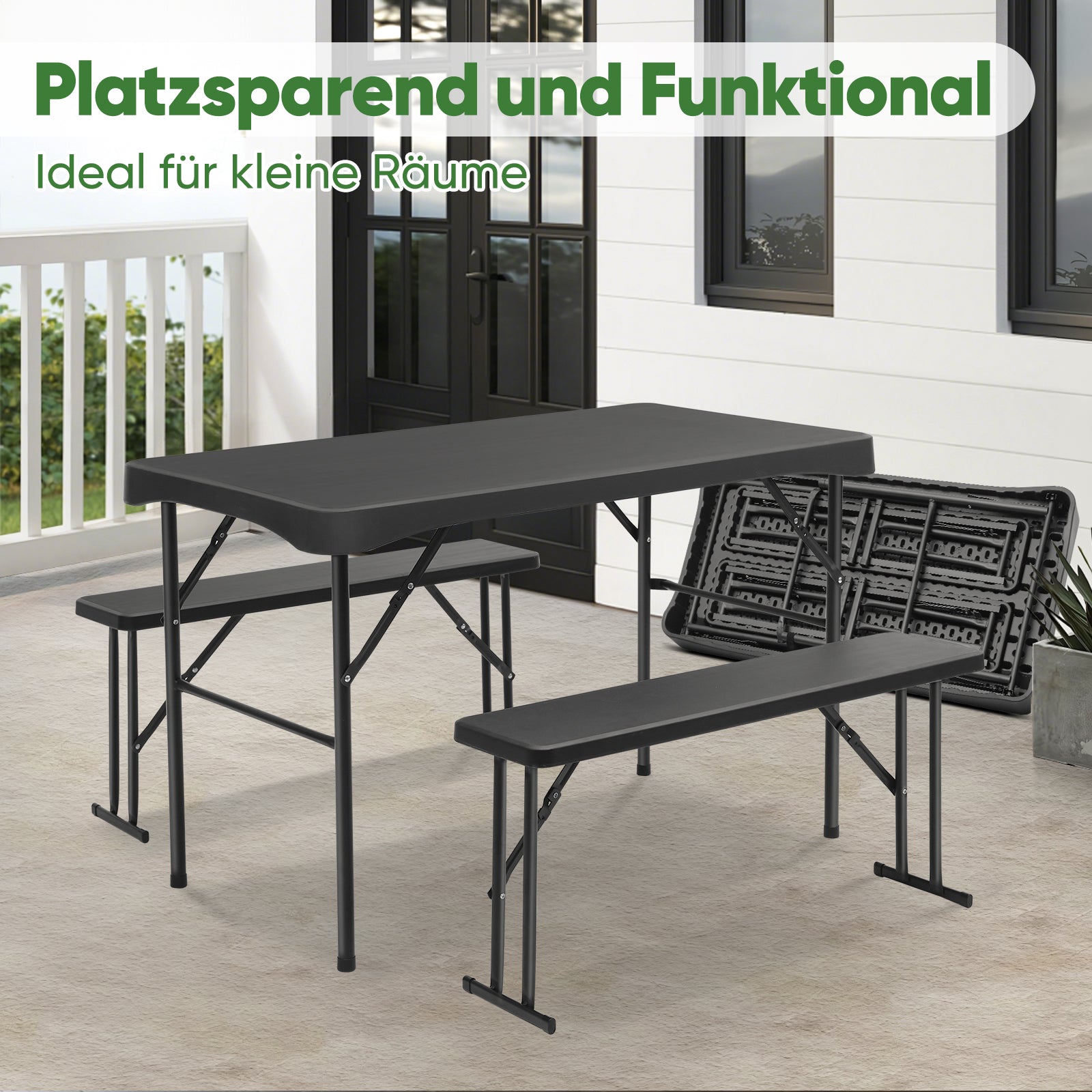 Sekey Bierzeltgarnitur 113 cm – 3-teiliges klappbares Set mit Tisch & 2 Bänken | Esstischgarnitur für Garten, Balkon, Camping oder Party Sekey