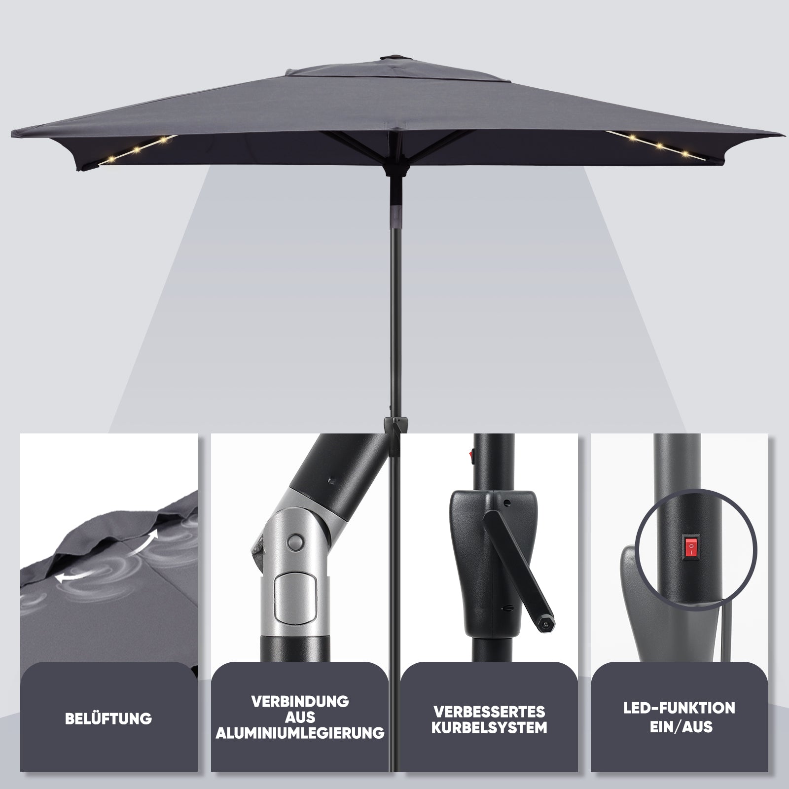 Sekey Sonnenschirm 300 x 200 cm Rechteckig Gartenschirm mit LED-Solar-Beleuchtung Sekey