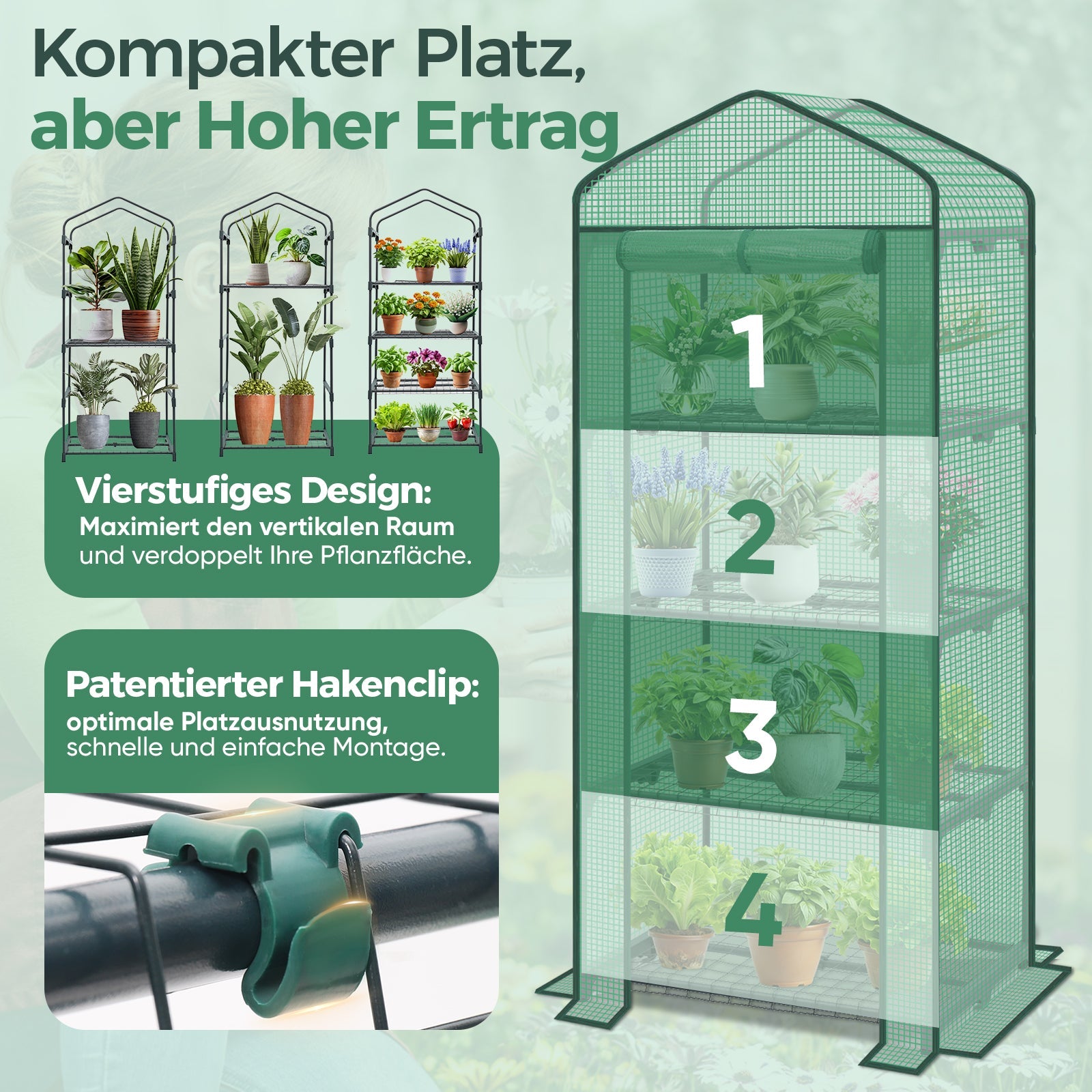 Sekey Mini-Gewächshaus für Tomaten mit 4 Ebenen Kompaktes Foliengewächshaus für Balkon & Garten, Stabil & Platzsparend (160×70×50 cm) Sekey