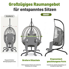 Sekey Hängesessel mit Gestell – Klappbarer Hängekorb aus PE-Rattan, Hängestuhl mit Sitz- & Kopfkissen, bis 150 kg belastbar, für Garten, Balkon, Terrasse & Wohnzimmer