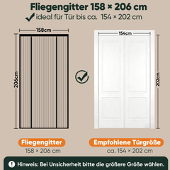 Sekey Insektenschutz Tür Magnet ohne Bohren – Fliegengitter Doppeltür für Balkon- & Terrassentür, 158×206 / 188×206 / 200×240 cm, Mückenschutz für Schiebetür