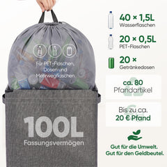 Sekey Pfandflaschen Sammelbehälter 100L mit Rucksack-Innenbeutel, Flaschenkorb für Leergut & Dosen, Faltbarer Pfandflaschenkorb mit Einwurföffnung, Flaschensammler für Küche, Keller & Recycling