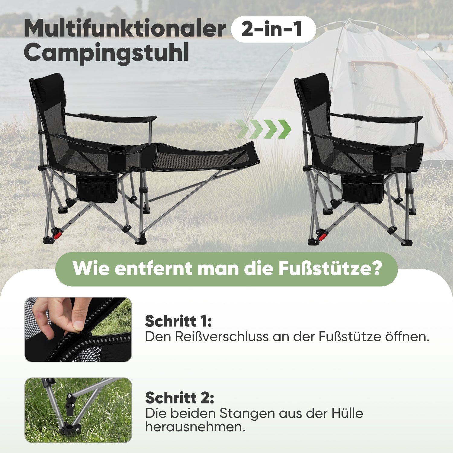 Sunula Klappbarer Campingstuhl, Liegestuhl 2-in-1, Belastbar bis 100 kg, Abnehmbare Fußablage, Getränkehalter, Tragetasche, Leicht, Verstellbare Rückenlehne, Für Angeln, Strand, Camping, Garten, Outdoor Sekey