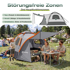 Sekey 2-Personen Campingzelt mit Hydraulik Pop-up System – Wurfzelt 2-in-1, wasserdicht PU3000+, UV50+ Schutz, Kuppelzelt mit Vorzelt & Markise für Outdoor & Familie, Grau