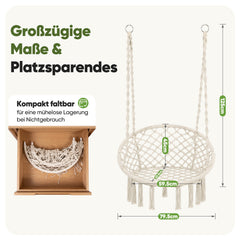 Sekey Hängesessel 360° drehbar aus Recycling-Baumwolle – Boho Hängestuhl mit Sitzkissen, Metallkette & Karabinern, Hängesitz für Wohnzimmer, Balkon, Terrasse & Schlafzimmer