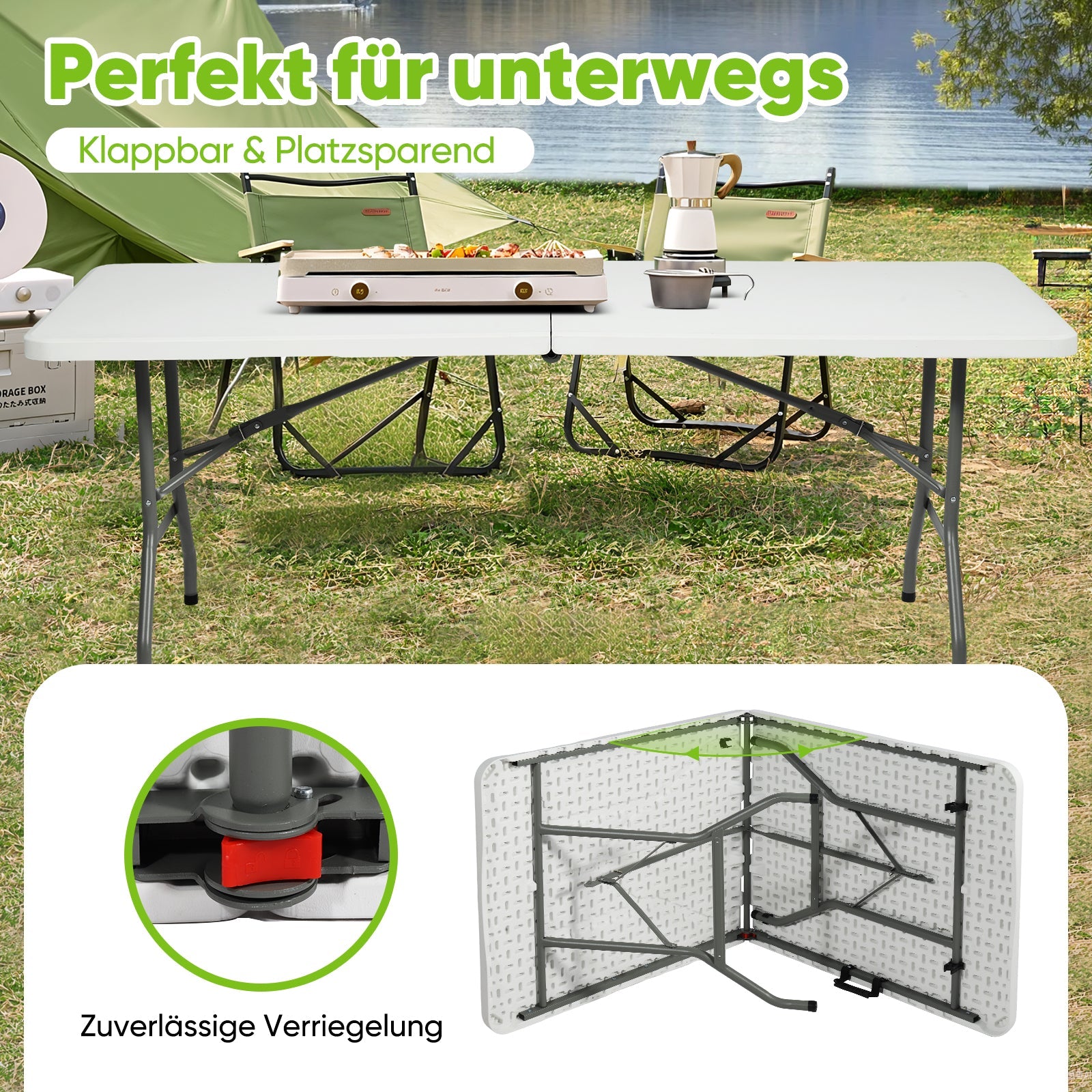 Sekey Klapptisch 152x70x74 cm – Robuster Buffettisch aus Kunststoff, tragbar mit Griff, wetterfest & faltbar – Campingtisch, Partytisch, Gartentisch für 4 Personen Sekey