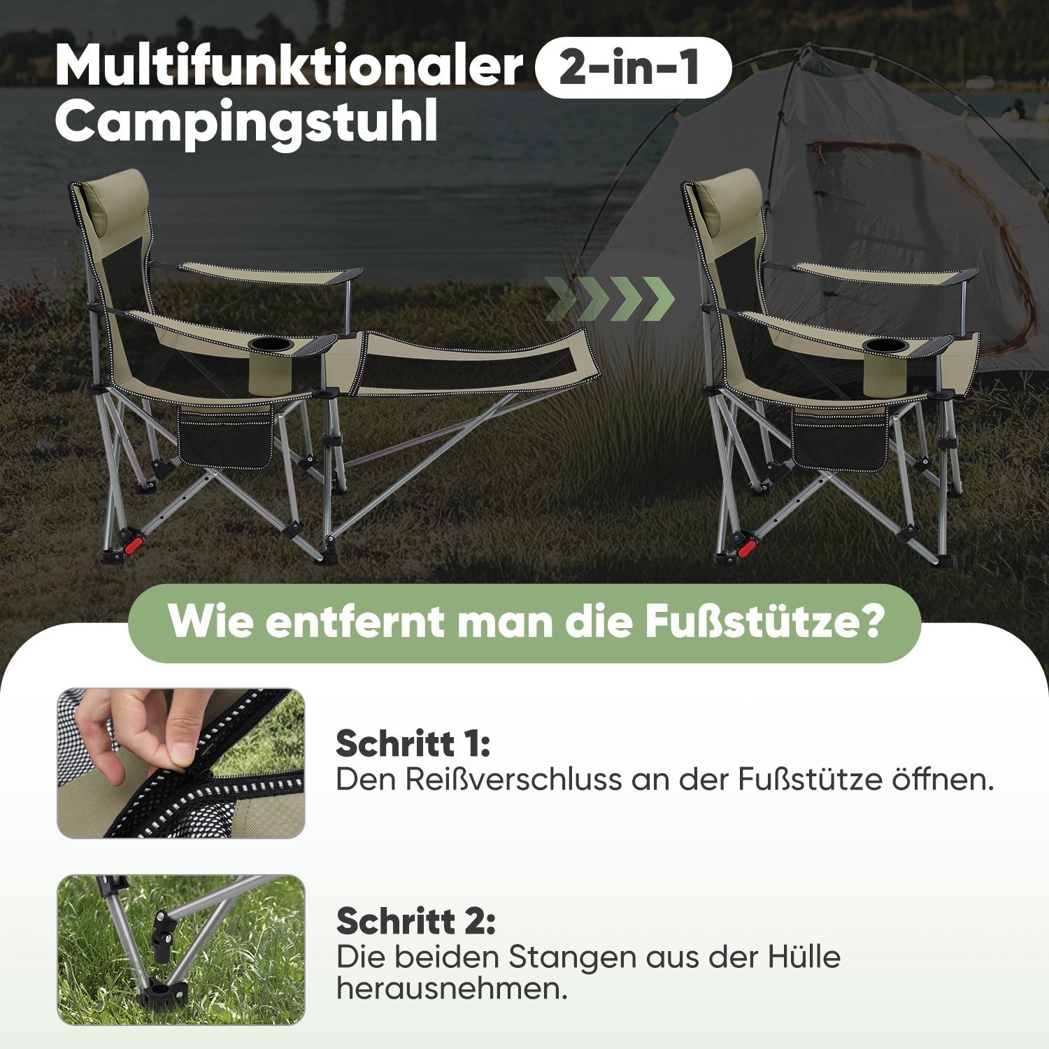 Sunula Klappbarer Campingstuhl, Liegestuhl 2-in-1, Belastbar bis 100 kg, Abnehmbare Fußablage, Getränkehalter, Tragetasche, Leicht, Verstellbare Rückenlehne, Für Angeln, Strand, Camping, Garten, Outdoor Sekey