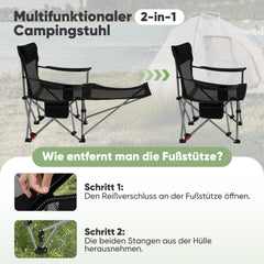 Sunula Klappbarer Campingstuhl, Liegestuhl 2-in-1, Belastbar bis 100 kg, Abnehmbare Fußablage, Getränkehalter, Tragetasche, Leicht, Verstellbare Rückenlehne, Für Angeln, Strand, Camping, Garten, Outdoor Sekey