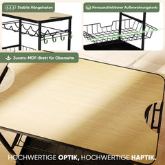 Sekey Servierwagen mit Rollen – Barwagen & Küchenwagen mit MDF-Platte, Weinglashalter, Haken & Schubladenkorb, 360°-Rollen, Griff, rostfest – Schwarz